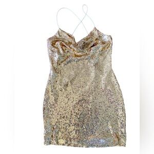 B. Darlin Gold Sequin Cowl Neck Mini Dance Cocktail Dress Junior Women's 13/14